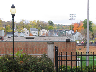Bottom right: soccer goal.  Middle left: soccer ball.