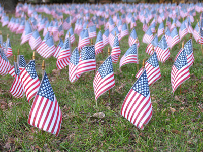 In someone`s front yard.  It could be a patriotic display, but more likely some sort of memorial.
