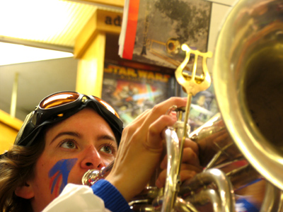 The UD pep band plays its first bookstore gig.