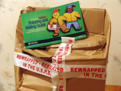 Today I got a Postal Service guide for mailing holiday gifts AND some holiday gifts crushed by the Postal Service.