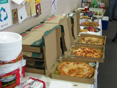 Scores of pizzas for student employees -- vegetarian or carnivore.