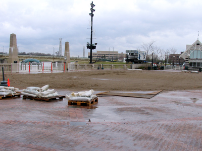 The ice-skating rink has been removed, to be replaced by . . . beach volleyball?