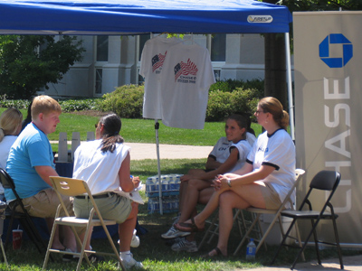 Brand spankin` new freshmen enticed to credit cards by a free t-shirt.