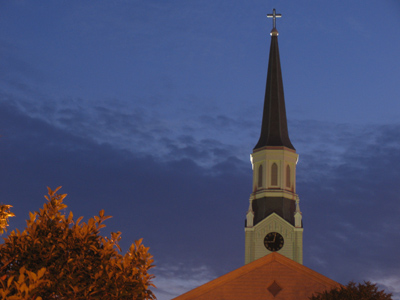 Evening steeple.  A rare after-hours photo from a person who usually brings up the drawbridge by 6:30.