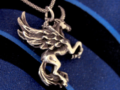 Pegasus is a winged horse whose father was Poseidon and whose mother was Medusa (it`s a long story).