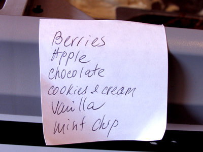 Today`s gelato flavors.  I had apple and berry.