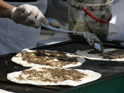 Mountain bread with thyme, cumin, sumac, sesame seeds and zatar (a bitter spice similar to oregano).