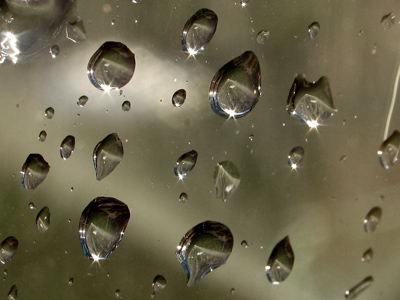 Each drop has an upside down V-shape, reflecting the lawn sprinkler from which it came.
