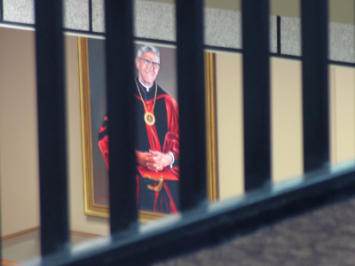Father Roesch watches over Roesch Library.