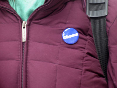Ironically, this Obama button is being worn by someone named Hillary.