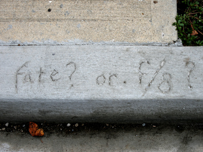 `Fate? or f/8?` cleverly scrawled outside the photo lab.
