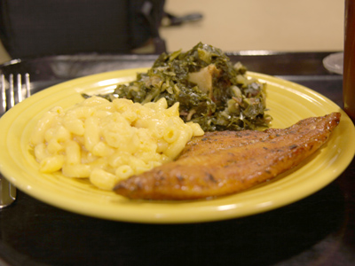 Tonight`s special meal was in observance of Black History Month:  fried catfish and collard greens.
