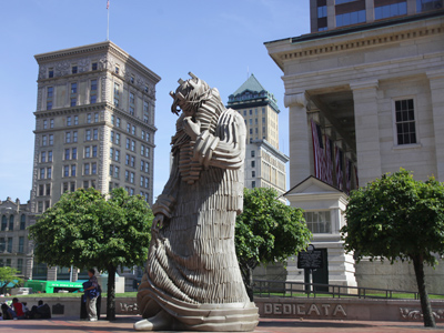 `King Lear,` a two-ton sculpture by J. Seward Johnson, towers over Courthouse Square.