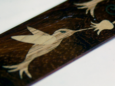 Heidi`s nice gift to me (a bookmark of inlaid wood made by John Garrett of Yellow Springs) recalls my recent hummingbird photos.