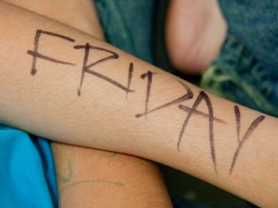 One arm said FRIDAY, the other said ENGLISH.  I suggested she buy a planner to help track upcoming tests.