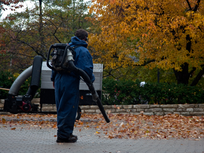 Not quite the jet pack he dreamed of when a little boy, but running a leaf blower can still be fun.