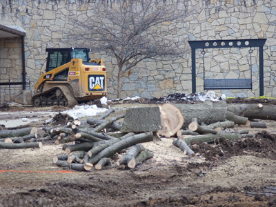 This work is being done during spring break, otherwise there may have been tree-hugging students throwing themselves in front of the bulldozers to stop it.