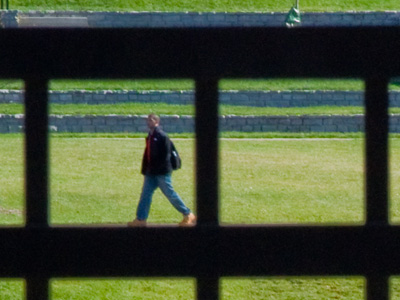 There was a fire alarm in the Library around noon, so I wandered over to another building for lunch, where I amused myself taking pictures of an optical illusion.