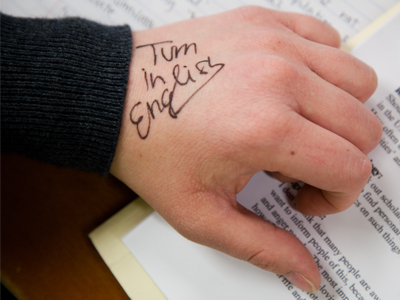 `Turn in English` could be a reminder to submit a writing assignment, or a new anti-British immigration policy.