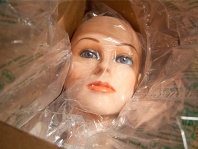 Thanks to fast shipping, my latest photographic accessory arrived today.  How can she breathe inside all that plastic?