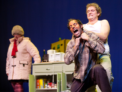 As one brother strangles the other, their mother stands nearby and says, `You boys stop fighting in the house.  Go outside!`  I`m not sure if it was SUPPOSED to be funny.