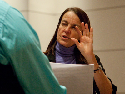 Composer Libby Larsen gives feedback to a University of Dayton music student about his quintet for brass.