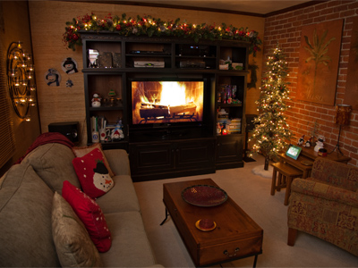 The fireplace has a pause button.