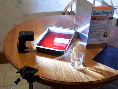 A true professional would use all sorts of electronics to control the droplets and camera equipment.  My setup included a baking pan, plastic spoon and cereal box.