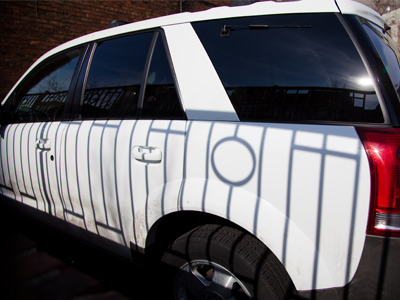 Lunchtime:  a striped car.
