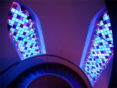 High atop the church tower.