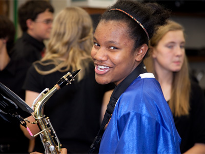 Warming up in the band room.