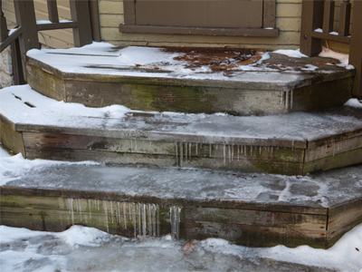 When snow on the roof melts, this happens to the front steps of my downstairs neighbor.  Welcome home!