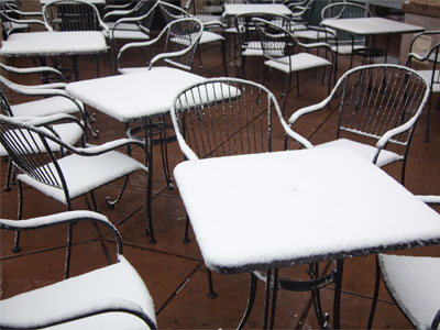 There are plenty of tables available on the patio.