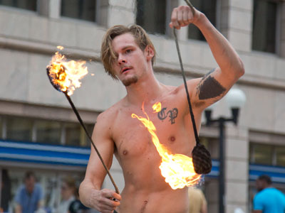 The burning flames smacked his flesh a few times, which just made the show all the more entertaining.