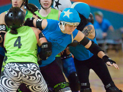 Typical roller derby names:  Kay Ottick, Tara Hole-Inu, Peppermint Splatty, Sarah Cuda, Miss Demeanor.