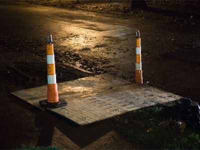 There`s a giant hole in front of my house.  When I turned on the water, there were strange noises in the plumbing.