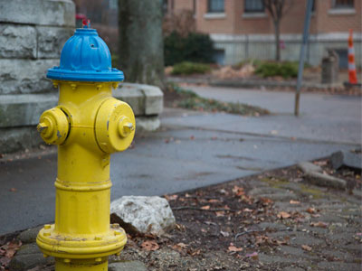 While replacing water pipes, this fire hydrant was moved to a spot where no one will ever park in front of it again.