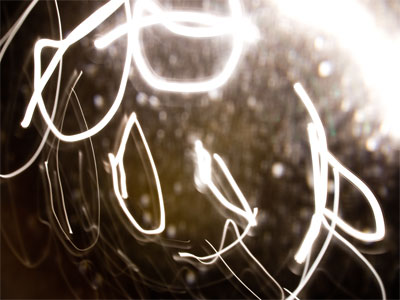 Inside the elevator, with a dirty lens.