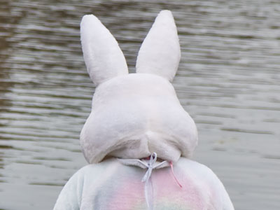 Wait, is that a COSTUME?  The Easter Bunny isn`t real!