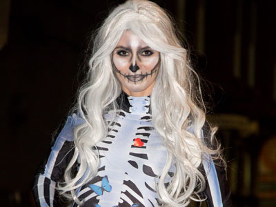 Her costume was simpler this year, but it took three hours to put on the makeup (see October 29, 2016).