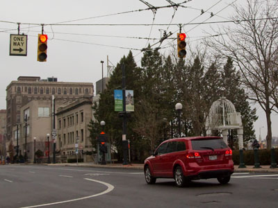 Red car, red light.  Just another day downtown (see March 19, 2012).