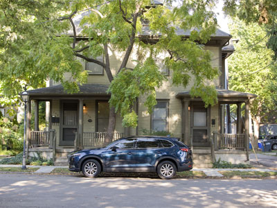 How not to park in the Oregon District:  one vehicle in two spaces.