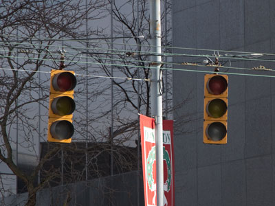 It was festive on December 16 above, but the traffic lights on Main Street still don`t work.