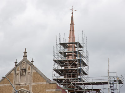This church steeple was always copper, but oxidation turned it green a long time ago (see August 2, 2024).