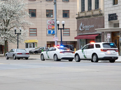 Two park rangers pulled over and searched this car.  Maybe they caught the person who has been breaking plates at the river (see February 3, 2025).